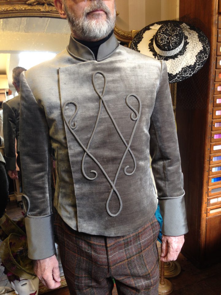 Thomas von Nordheim – jacket in taupe linen velvet with silk grosgrain rouleaux applique